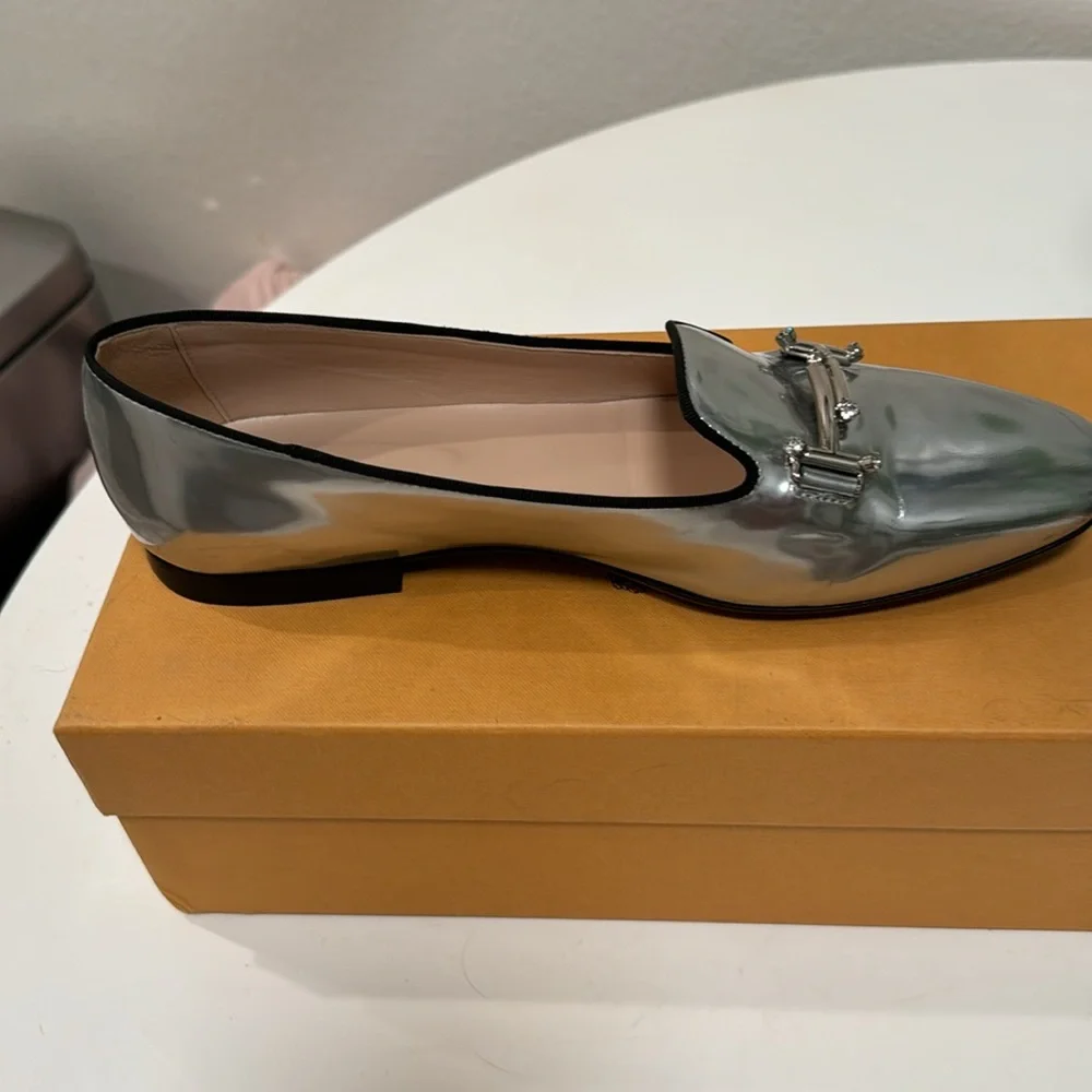 - Tod`s Silver Leather Loafers size 40, Like New, box and dust bag included